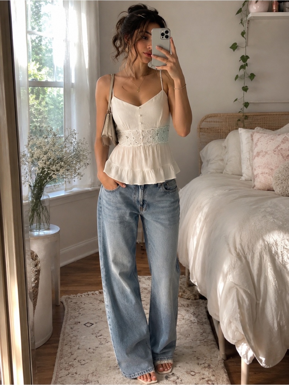 All In Favor Ivory Lace Babydoll Peplum Cami Tank Top Boho Coquette Medium